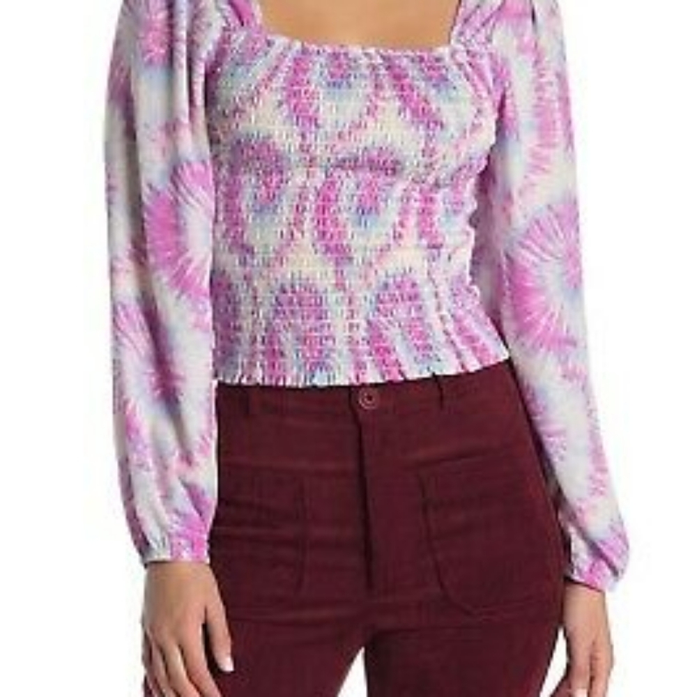 NEW Nordstrom Good Luck Gem Ballon Sleeved Smocked Pastel Tie Dye Blouse